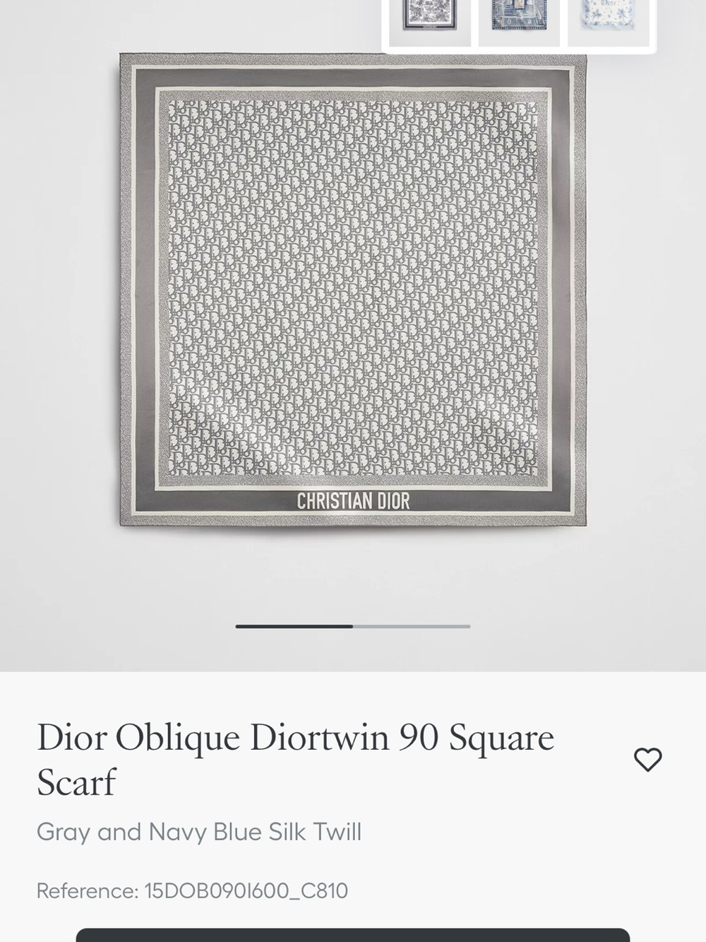 Christian Dior Grey Oblique Silk Scarf Diortwin 90 square